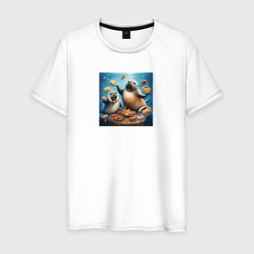 Мужская футболка хлопок с принтом Тюлени в Тюмени, 100% хлопок | прямой крой, круглый вырез горловины, длина до линии бедер, слегка спущенное плечо. | 