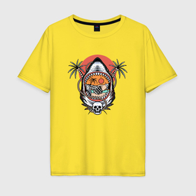Мужская футболка хлопок Oversize с принтом Акула и пальмы в Курске, 100% хлопок | свободный крой, круглый ворот, “спинка” длиннее передней части | 