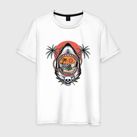 Мужская футболка хлопок с принтом Акула и пальмы в Санкт-Петербурге, 100% хлопок | прямой крой, круглый вырез горловины, длина до линии бедер, слегка спущенное плечо. | 