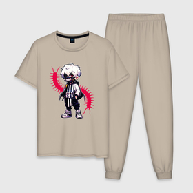 Мужская пижама хлопок с принтом Токийский гуль   Кен Канеки в Санкт-Петербурге, 100% хлопок | брюки и футболка прямого кроя, без карманов, на брюках мягкая резинка на поясе и по низу штанин
 | Тематика изображения на принте: 