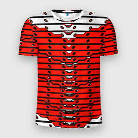 Мужская футболка 3D Slim с принтом Красно белая техно броня в Петрозаводске, 100% полиэстер с улучшенными характеристиками | приталенный силуэт, круглая горловина, широкие плечи, сужается к линии бедра | 