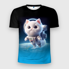 Мужская футболка 3D Slim с принтом Милый белый котёнок космонавт в Петрозаводске, 100% полиэстер с улучшенными характеристиками | приталенный силуэт, круглая горловина, широкие плечи, сужается к линии бедра | 