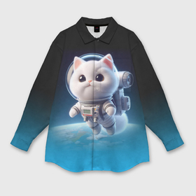 Мужская рубашка oversize 3D с принтом Милый белый котёнок космонавт в Петрозаводске,  |  | 