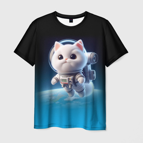 Мужская футболка 3D с принтом Милый белый котёнок космонавт , 100% полиэфир | прямой крой, круглый вырез горловины, длина до линии бедер | 