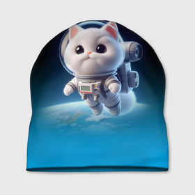 Шапка 3D с принтом Милый белый котёнок космонавт , 100% полиэстер | универсальный размер, печать по всей поверхности изделия | 