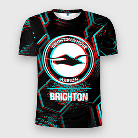 Мужская футболка 3D Slim с принтом Brighton FC в стиле glitch на темном фоне , 100% полиэстер с улучшенными характеристиками | приталенный силуэт, круглая горловина, широкие плечи, сужается к линии бедра | 