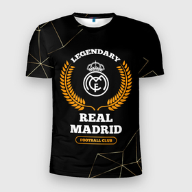Мужская футболка 3D Slim с принтом Лого Real Madrid и надпись legendary football club на темном фоне , 100% полиэстер с улучшенными характеристиками | приталенный силуэт, круглая горловина, широкие плечи, сужается к линии бедра | Тематика изображения на принте: 