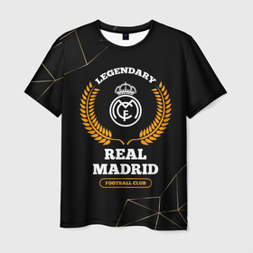 Мужская футболка 3D с принтом Лого Real Madrid и надпись legendary football club на темном фоне в Тюмени, 100% полиэфир | прямой крой, круглый вырез горловины, длина до линии бедер | 