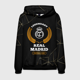 Мужская толстовка 3D с принтом Лого Real Madrid и надпись legendary football club на темном фоне в Белгороде, 100% полиэстер | двухслойный капюшон со шнурком для регулировки, мягкие манжеты на рукавах и по низу толстовки, спереди карман-кенгуру с мягким внутренним слоем. | 