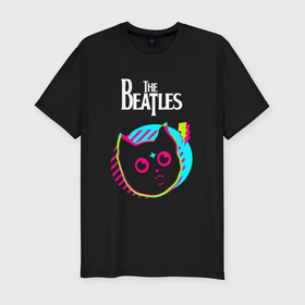 Мужская футболка хлопок Slim с принтом The Beatles rock star cat в Екатеринбурге, 92% хлопок, 8% лайкра | приталенный силуэт, круглый вырез ворота, длина до линии бедра, короткий рукав | 