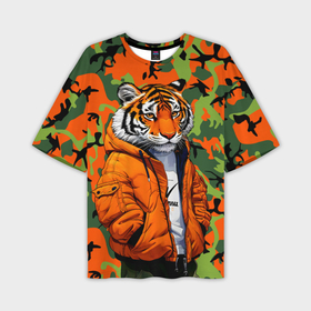Мужская футболка oversize 3D с принтом Тигр в оранжевой куртке в Тюмени,  |  | 