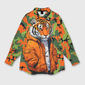 Мужская рубашка oversize 3D с принтом Тигр в оранжевой куртке в Тюмени,  |  | 