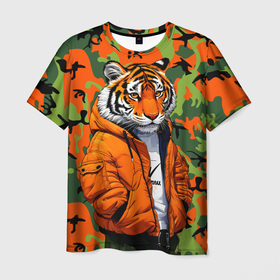 Мужская футболка 3D с принтом Тигр в оранжевой куртке в Санкт-Петербурге, 100% полиэфир | прямой крой, круглый вырез горловины, длина до линии бедер | 