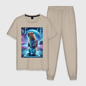 Мужская пижама хлопок с принтом Космонавт Каппи в скафандре   нейросеть в Белгороде, 100% хлопок | брюки и футболка прямого кроя, без карманов, на брюках мягкая резинка на поясе и по низу штанин
 | 