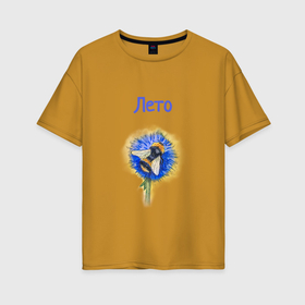 Женская футболка хлопок Oversize с принтом Акварель Пчёлка на васильке в Курске, 100% хлопок | свободный крой, круглый ворот, спущенный рукав, длина до линии бедер
 | 
