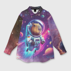 Мужская рубашка oversize 3D с принтом Космонавт капибара в неоновом космосе в Петрозаводске,  |  | 