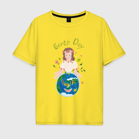 Мужская футболка хлопок Oversize с принтом Девушка Земля Earth Day в Курске, 100% хлопок | свободный крой, круглый ворот, “спинка” длиннее передней части | 