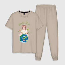 Мужская пижама хлопок с принтом Девушка Земля Earth Day в Новосибирске, 100% хлопок | брюки и футболка прямого кроя, без карманов, на брюках мягкая резинка на поясе и по низу штанин
 | 