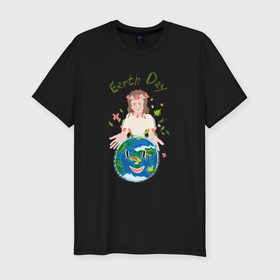 Мужская футболка хлопок Slim с принтом Девушка Земля Earth Day в Петрозаводске, 92% хлопок, 8% лайкра | приталенный силуэт, круглый вырез ворота, длина до линии бедра, короткий рукав | 