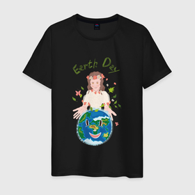 Мужская футболка хлопок с принтом Девушка Земля Earth Day в Петрозаводске, 100% хлопок | прямой крой, круглый вырез горловины, длина до линии бедер, слегка спущенное плечо. | 