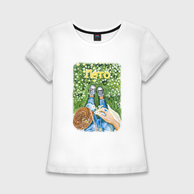 Женская футболка хлопок Slim с принтом Акварель и гуашь Девушка с ромашкой в Курске,  |  | 