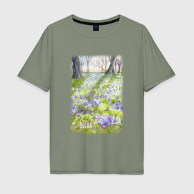 Мужская футболка хлопок Oversize с принтом Акварель и гуашь Весенний пейзаж с крокусами , 100% хлопок | свободный крой, круглый ворот, “спинка” длиннее передней части | Тематика изображения на принте: 
