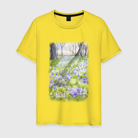 Мужская футболка хлопок с принтом Акварель и гуашь Весенний пейзаж с крокусами , 100% хлопок | прямой крой, круглый вырез горловины, длина до линии бедер, слегка спущенное плечо. | 