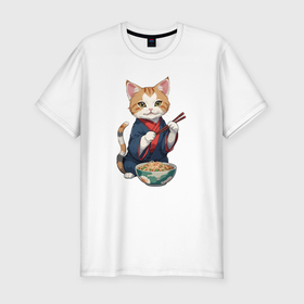 Мужская футболка хлопок Slim с принтом Кот с тарелкой лапши в Белгороде, 92% хлопок, 8% лайкра | приталенный силуэт, круглый вырез ворота, длина до линии бедра, короткий рукав | 