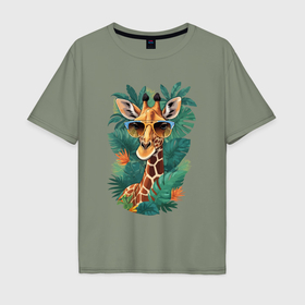 Мужская футболка хлопок Oversize с принтом Жираф в очках в тропических листьях , 100% хлопок | свободный крой, круглый ворот, “спинка” длиннее передней части | 