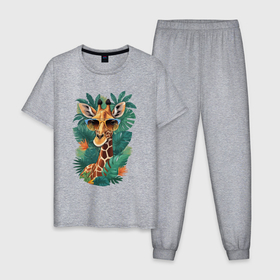 Мужская пижама хлопок с принтом Жираф в очках в тропических листьях в Петрозаводске, 100% хлопок | брюки и футболка прямого кроя, без карманов, на брюках мягкая резинка на поясе и по низу штанин
 | 