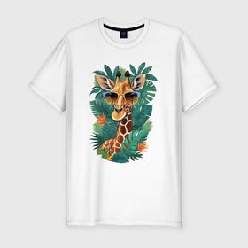 Мужская футболка хлопок Slim с принтом Жираф в очках в тропических листьях , 92% хлопок, 8% лайкра | приталенный силуэт, круглый вырез ворота, длина до линии бедра, короткий рукав | 
