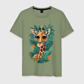 Мужская футболка хлопок с принтом Жираф в очках в тропических листьях , 100% хлопок | прямой крой, круглый вырез горловины, длина до линии бедер, слегка спущенное плечо. | 