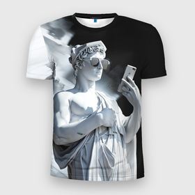 Мужская футболка 3D Slim с принтом Греческий бог со смартфоном в Петрозаводске, 100% полиэстер с улучшенными характеристиками | приталенный силуэт, круглая горловина, широкие плечи, сужается к линии бедра | 
