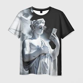 Мужская футболка 3D с принтом Греческий бог со смартфоном в Тюмени, 100% полиэфир | прямой крой, круглый вырез горловины, длина до линии бедер | 