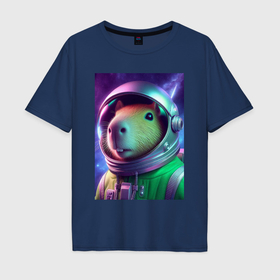 Мужская футболка хлопок Oversize с принтом Портрет бравого космонавта   капибара , 100% хлопок | свободный крой, круглый ворот, “спинка” длиннее передней части | 