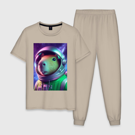 Мужская пижама хлопок с принтом Портрет бравого космонавта   капибара в Белгороде, 100% хлопок | брюки и футболка прямого кроя, без карманов, на брюках мягкая резинка на поясе и по низу штанин
 | 