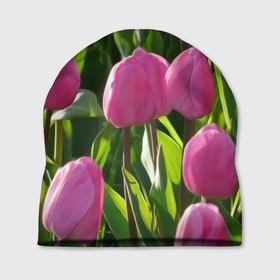 Шапка 3D с принтом Розовые тюльпаны с листвой , 100% полиэстер | универсальный размер, печать по всей поверхности изделия | 