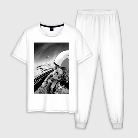 Мужская пижама хлопок с принтом Ванпанчмен Сайтама на крыле самолета в Тюмени, 100% хлопок | брюки и футболка прямого кроя, без карманов, на брюках мягкая резинка на поясе и по низу штанин
 | Тематика изображения на принте: 