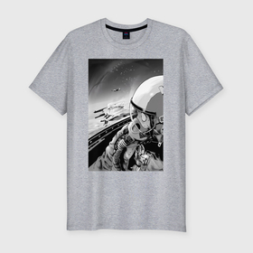 Мужская футболка хлопок Slim с принтом Ванпанчмен Сайтама на крыле самолета в Тюмени, 92% хлопок, 8% лайкра | приталенный силуэт, круглый вырез ворота, длина до линии бедра, короткий рукав | Тематика изображения на принте: 
