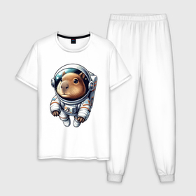 Мужская пижама хлопок с принтом Прикольный капибарыш космонавт   нейросеть в Белгороде, 100% хлопок | брюки и футболка прямого кроя, без карманов, на брюках мягкая резинка на поясе и по низу штанин
 | 