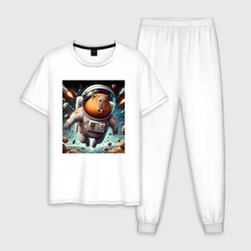 Мужская пижама хлопок с принтом Capybara is a brave cosmonaut в Тюмени, 100% хлопок | брюки и футболка прямого кроя, без карманов, на брюках мягкая резинка на поясе и по низу штанин
 | 