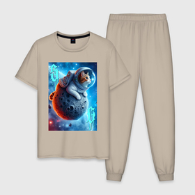 Мужская пижама хлопок с принтом Space cat   ai art в Белгороде, 100% хлопок | брюки и футболка прямого кроя, без карманов, на брюках мягкая резинка на поясе и по низу штанин
 | 