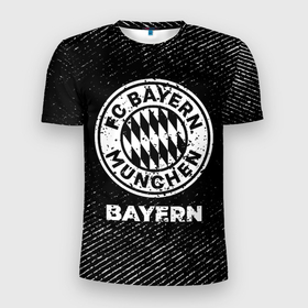 Мужская футболка 3D Slim с принтом Bayern с потертостями на темном фоне , 100% полиэстер с улучшенными характеристиками | приталенный силуэт, круглая горловина, широкие плечи, сужается к линии бедра | 