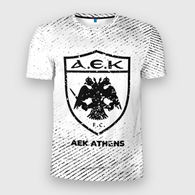 Мужская футболка 3D Slim с принтом AEK Athens с потертостями на светлом фоне в Тюмени, 100% полиэстер с улучшенными характеристиками | приталенный силуэт, круглая горловина, широкие плечи, сужается к линии бедра | Тематика изображения на принте: 