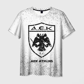 Мужская футболка 3D с принтом AEK Athens с потертостями на светлом фоне в Тюмени, 100% полиэфир | прямой крой, круглый вырез горловины, длина до линии бедер | Тематика изображения на принте: 