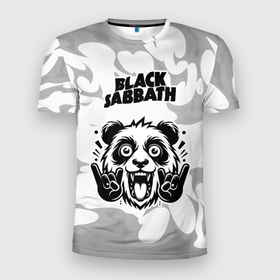 Мужская футболка 3D Slim с принтом Black Sabbath рок панда на светлом фоне в Кировске, 100% полиэстер с улучшенными характеристиками | приталенный силуэт, круглая горловина, широкие плечи, сужается к линии бедра | 