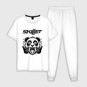 Мужская пижама хлопок с принтом Skillet   rock panda в Санкт-Петербурге, 100% хлопок | брюки и футболка прямого кроя, без карманов, на брюках мягкая резинка на поясе и по низу штанин
 | 