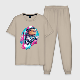 Мужская пижама хлопок с принтом Полёт космонавта капибары   нейросеть в Белгороде, 100% хлопок | брюки и футболка прямого кроя, без карманов, на брюках мягкая резинка на поясе и по низу штанин
 | 