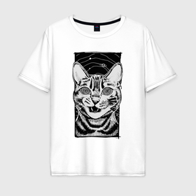 Мужская футболка хлопок Oversize с принтом Полосатый кот космос зомби , 100% хлопок | свободный крой, круглый ворот, “спинка” длиннее передней части | 