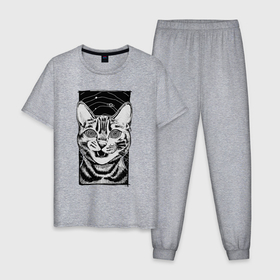 Мужская пижама хлопок с принтом Полосатый кот космос зомби , 100% хлопок | брюки и футболка прямого кроя, без карманов, на брюках мягкая резинка на поясе и по низу штанин
 | 